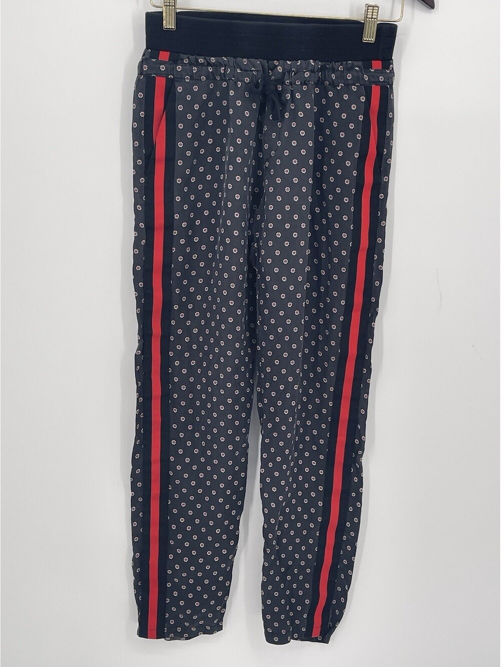 The Kooples Sport Silk Pants Black Floral Red Stripe Jogger Trousers Sz 2